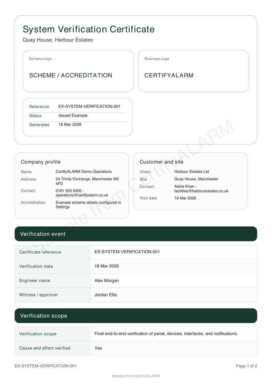 Watermarked CertifyAlarm fire alarm verification certificate sample