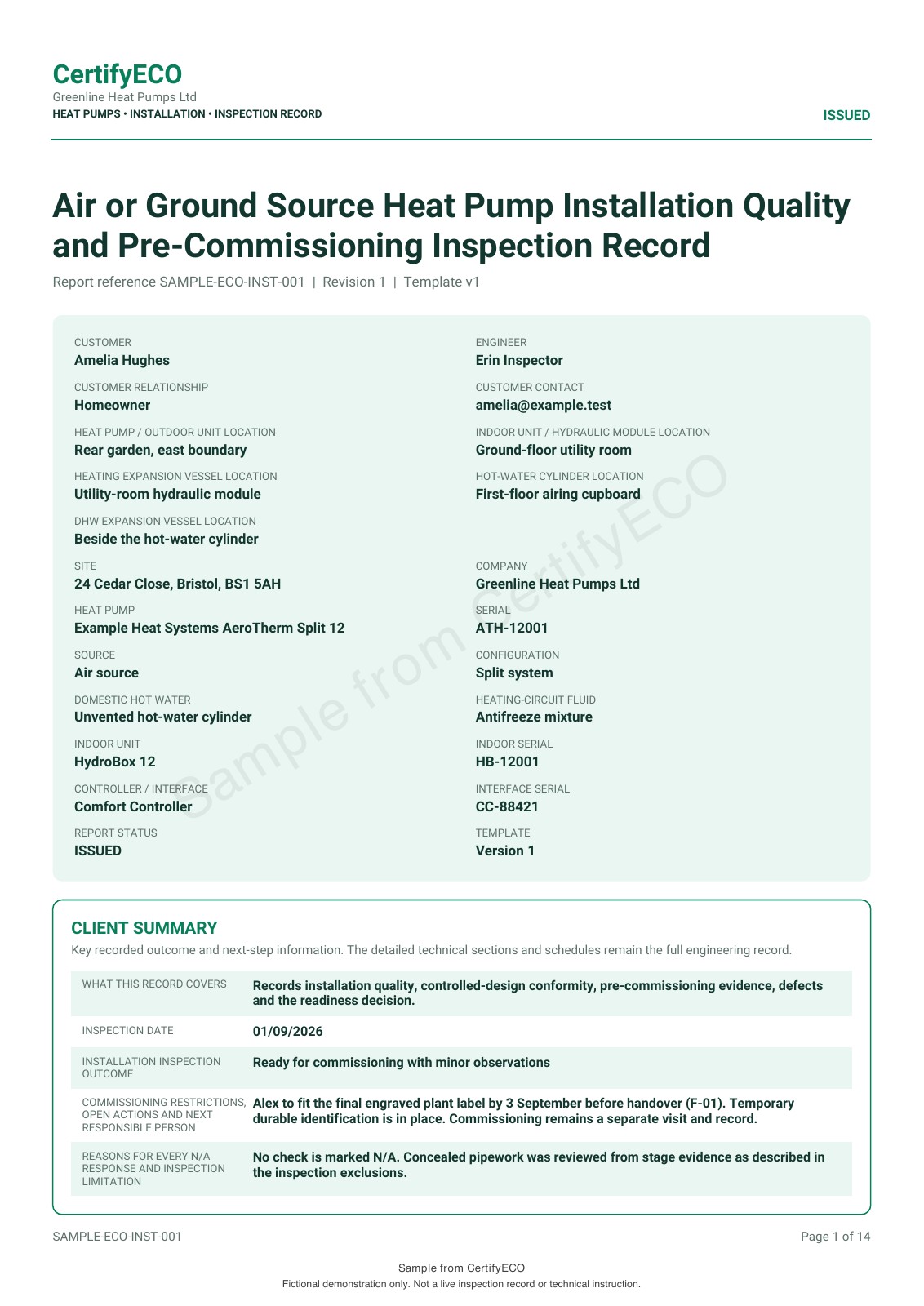 Watermarked CertifyECO heat pump installation record sample