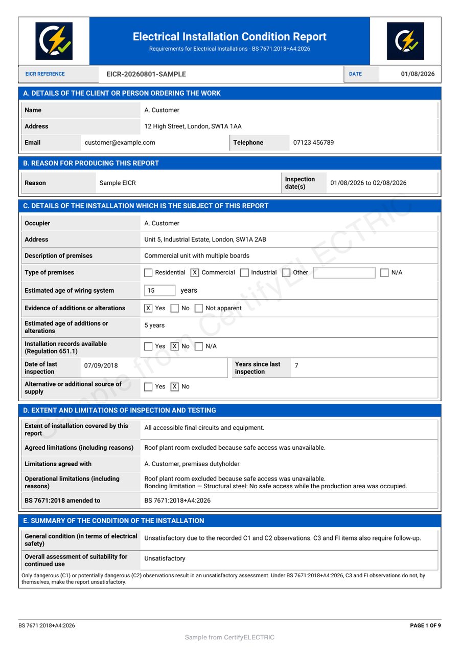 Watermarked CertifyELECTRIC EICR report sample