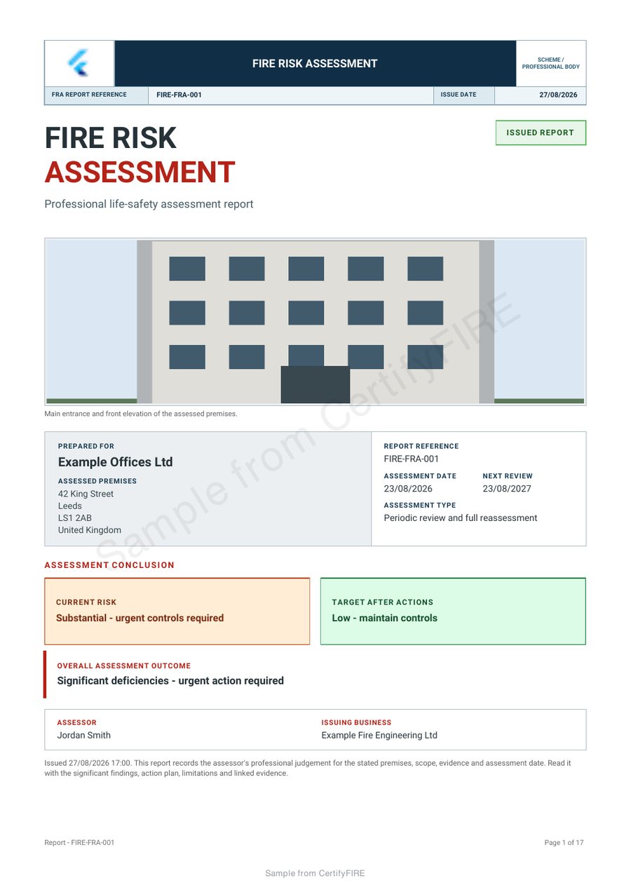 Watermarked CertifyFIRE fire risk assessment sample