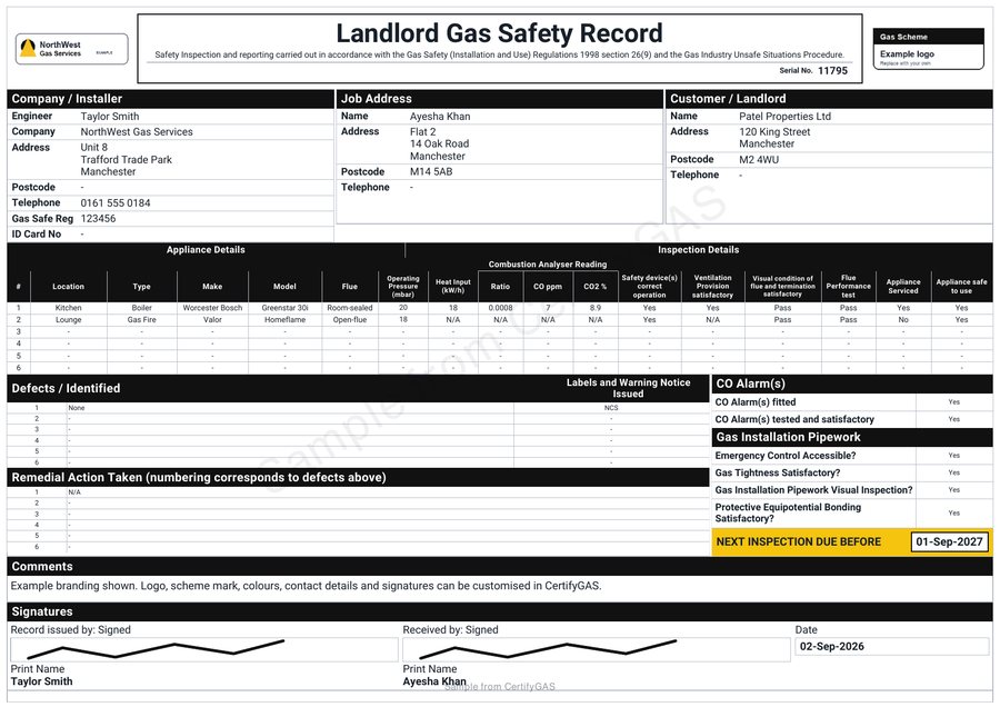 Watermarked CertifyGAS Landlord Gas Safety Record sample
