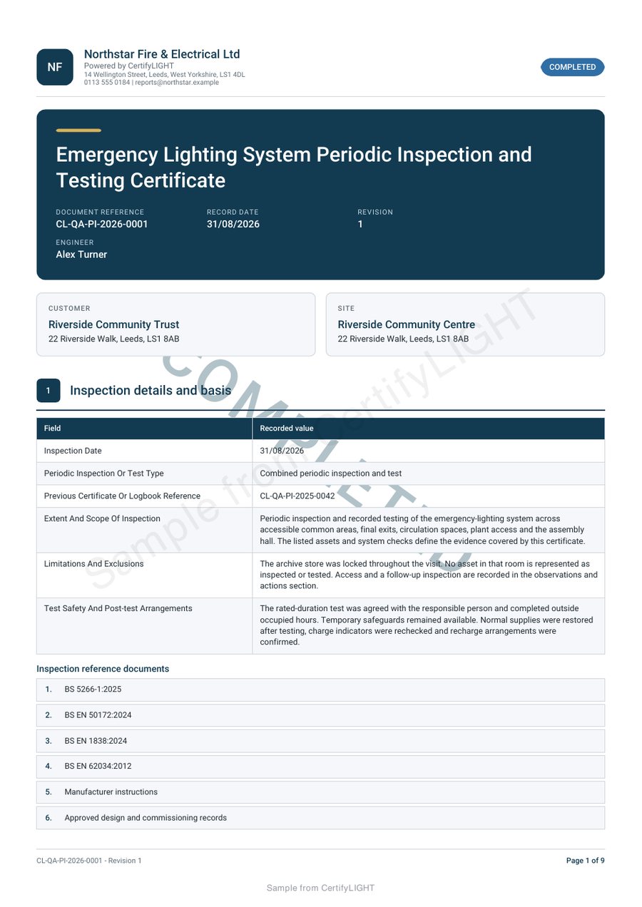 Watermarked CertifyLIGHT emergency lighting inspection report sample