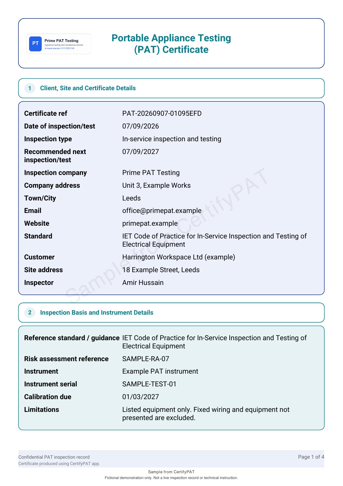 Watermarked CertifyPAT PAT certificate sample